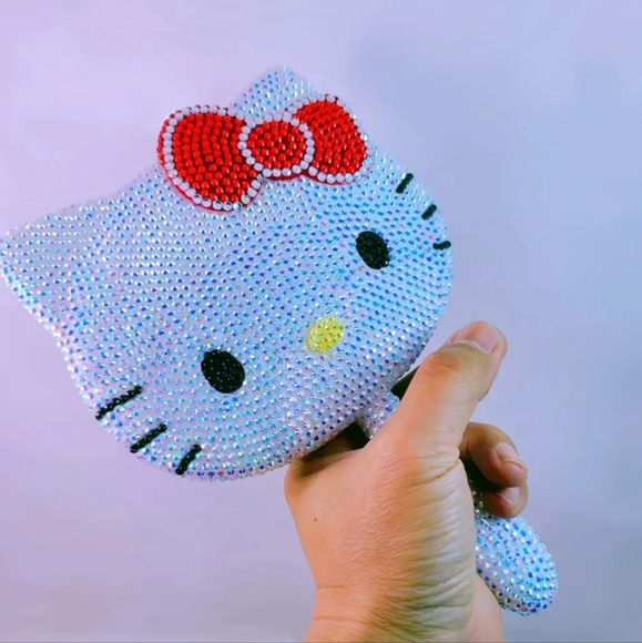 Hello Kitty Rhinestone Hand Mirror Classic With Red Bow Bewjeled Beauty Mirror - Picture 9 of 9